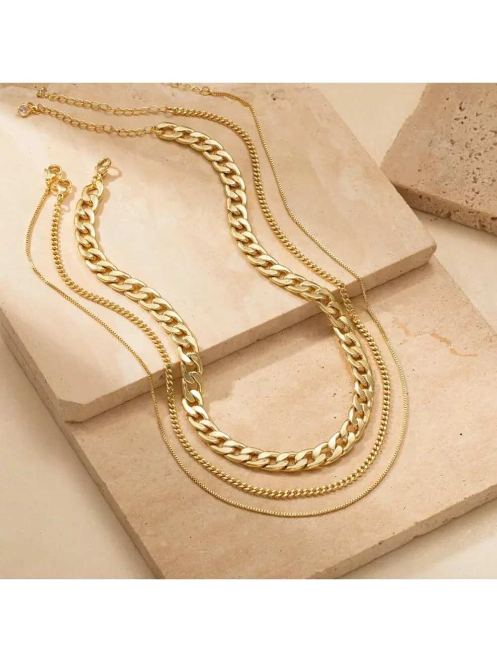 Women's Chunky Cuban Gold Non Tarnish Chunky 14k Gold Plated Layered Necklaces - Picture 6 of 7